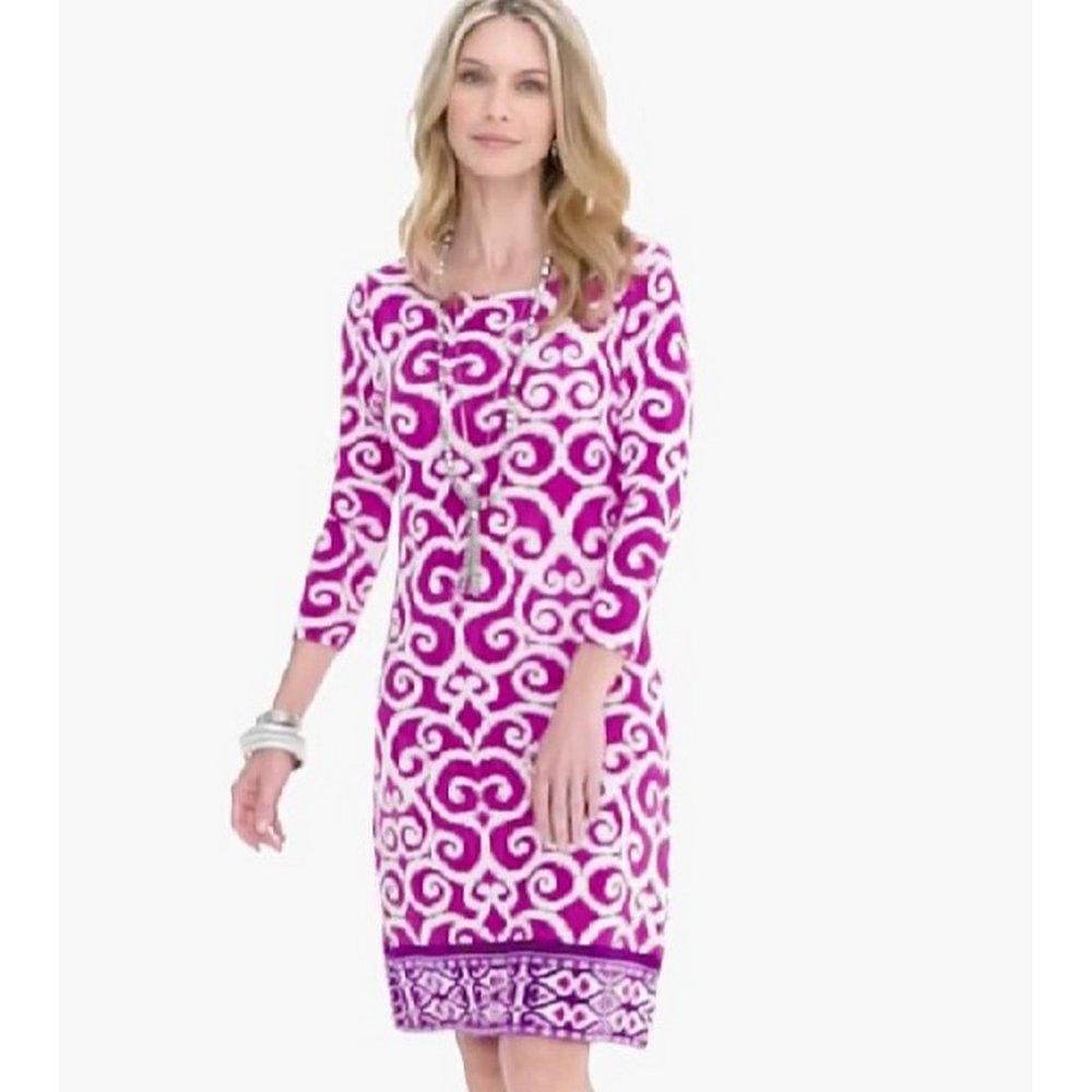 TRAVELERS by CHICO"S Dress Women’s medium Petite Shift Pink Purple 3/4 Sleeves